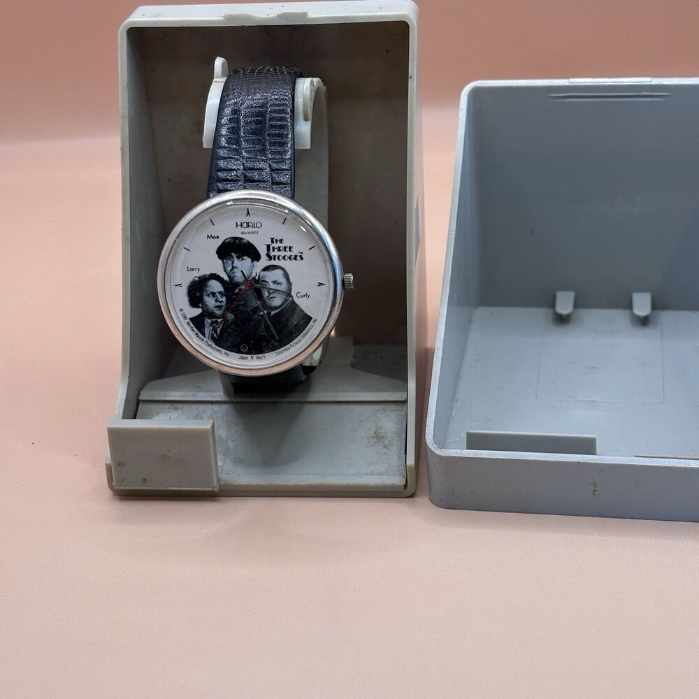 Harlo Three Stooges Quartz Watch Men Silver Hong K  Analog Genuine Leather Vintg